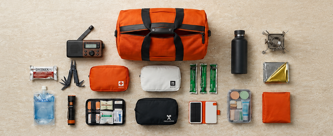 Flat lay of emergency cafe products 
